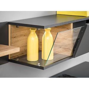 Ensemble de meubles pour votre salon KLIS. Composition murale coloris gris perle et chêne. LED incluses. Meuble tv design