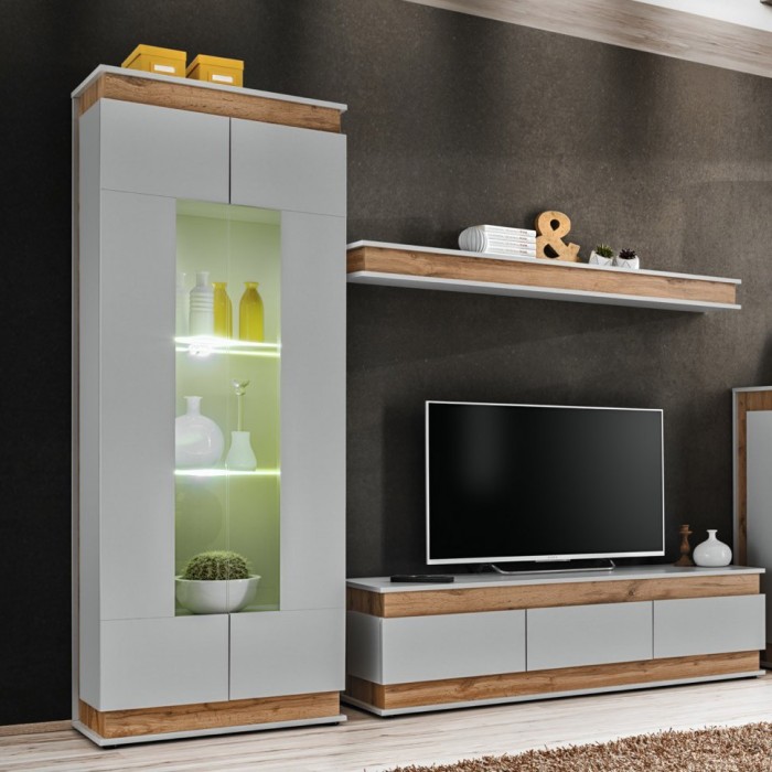 Vitrine, bibliothèque, vaisselier MUNICH modèle haut + LED. Meuble design idéal pour votre salle à manger