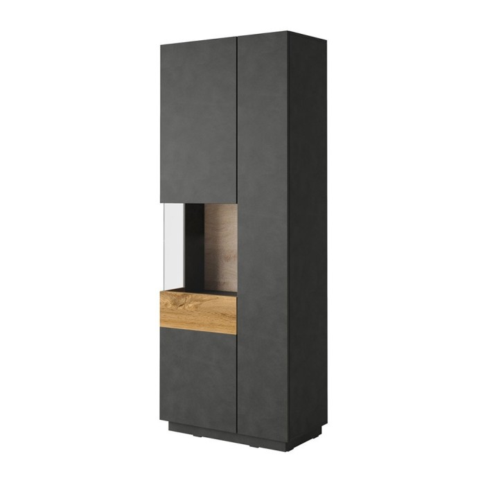 Vitrine, bibliothèque, vaisselier KILES coloris gris anthracite et chêne. Modèle vitrine gauche. LED intégrée