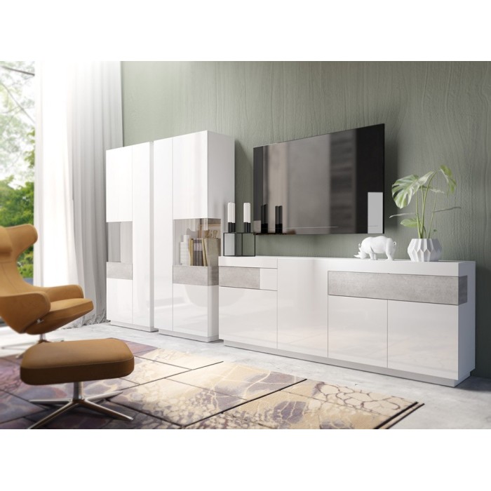 Vitrine, bibliothèque, vaisselier KILES coloris blanc et gris. Modèle vitrine gauche. LED intégrée