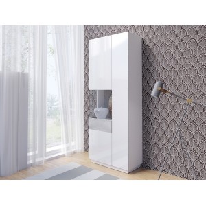 Vitrine, bibliothèque, vaisselier KILES coloris blanc et gris. Modèle vitrine gauche. LED intégrée