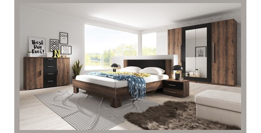 Chambre complète Irina imitation chêne foncé et noir : Lit 160x200 cm + armoire + commode + chevets.