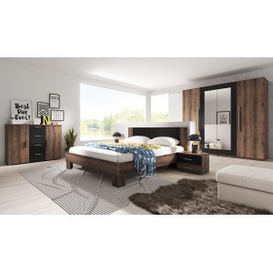 Chambre complète Irina imitation chêne foncé et noir : Lit 160x200 cm + armoire + commode + chevets.