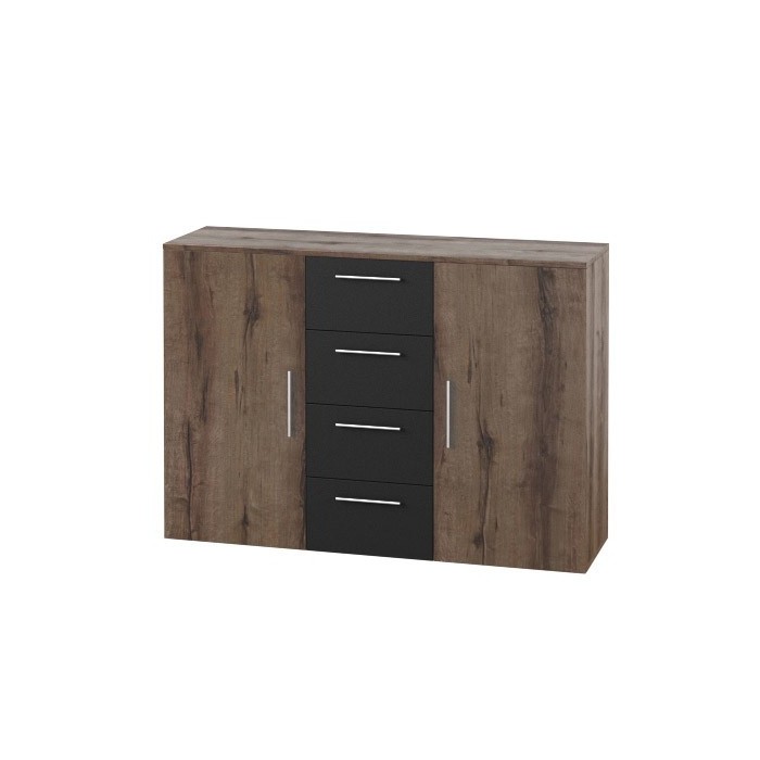 Chambre complète Irina imitation chêne foncé et noir : Lit 160x200 cm + armoire + commode + chevets.