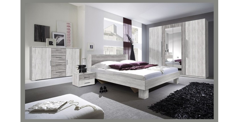 Chambre complète Irina imitation bois gris clair et gris foncé : Lit 180x200 cm + armoire + commode + chevets.
