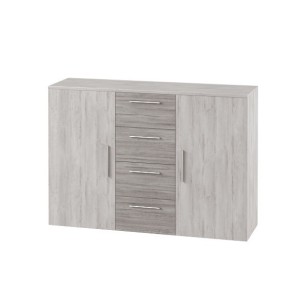 Chambre complète Irina imitation bois gris clair et gris foncé : Lit 180x200 cm + armoire + commode + chevets.