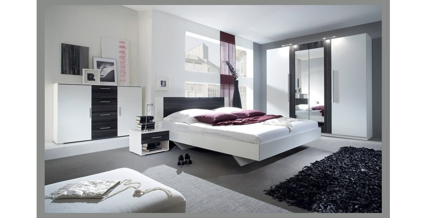 Chambre complète Irina coloris blanc et gris anthracite : Lit 180x200 cm + armoire + commode + chevets.