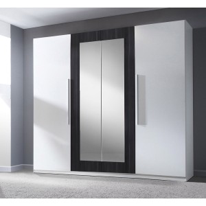 Chambre complète Irina coloris blanc et gris anthracite : Lit 180x200 cm + armoire + commode + chevets.