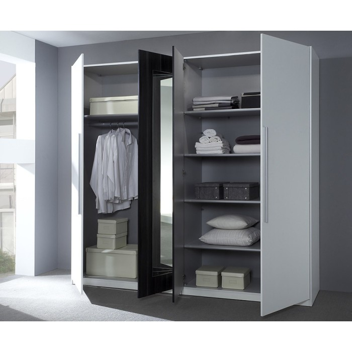 Chambre complète Irina coloris blanc et gris anthracite : Lit 180x200 cm + armoire + commode + chevets.