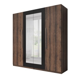 Chambre complète Irina imitation chêne foncé et noir : Lit 180x200 cm + armoire + commode + chevets.