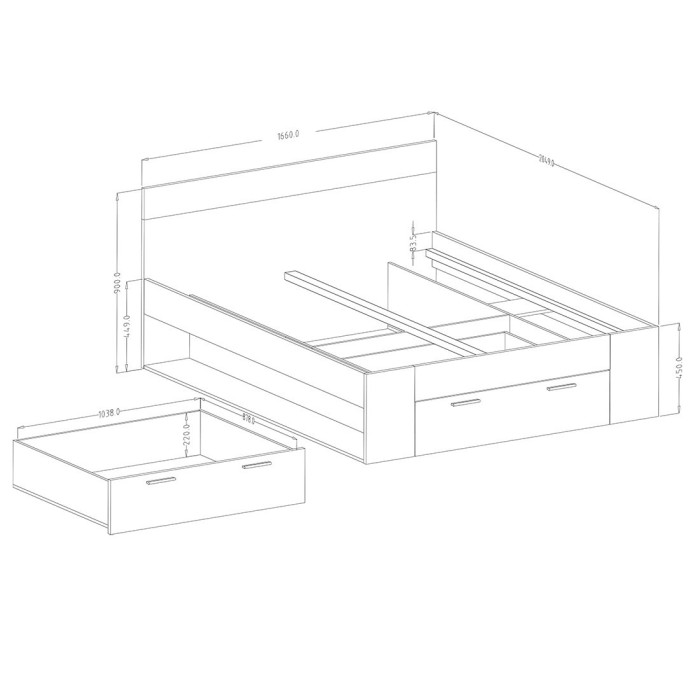 Chambre à coucher EOS : Armoire, Lit 160x200, commode, chevets. Couleur chêne foncé et noir