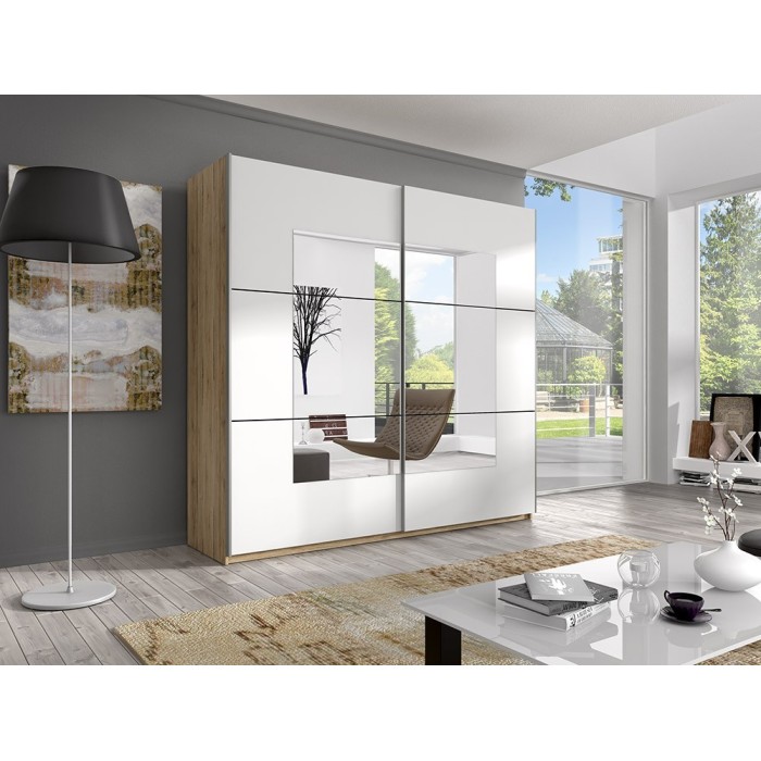 Chambre à coucher EOS : Armoire, Lit 160x200, commode, chevets. Couleur chêne clair et blanc