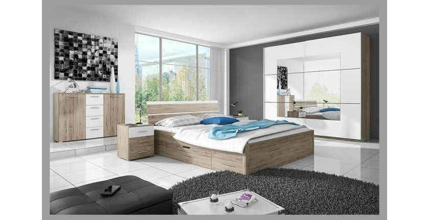 Chambre à coucher EOS : Armoire, Lit 180x200, commode, chevets. Couleur chêne clair et blanc