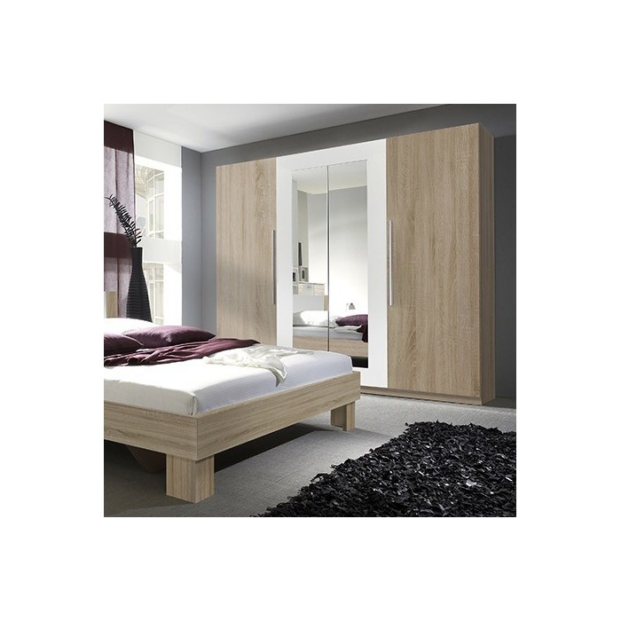 Armoire 4 portes avec miroirs couleur chêne et blanc - IRINA