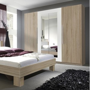 Armoire 4 portes avec miroirs couleur chêne et blanc - IRINA