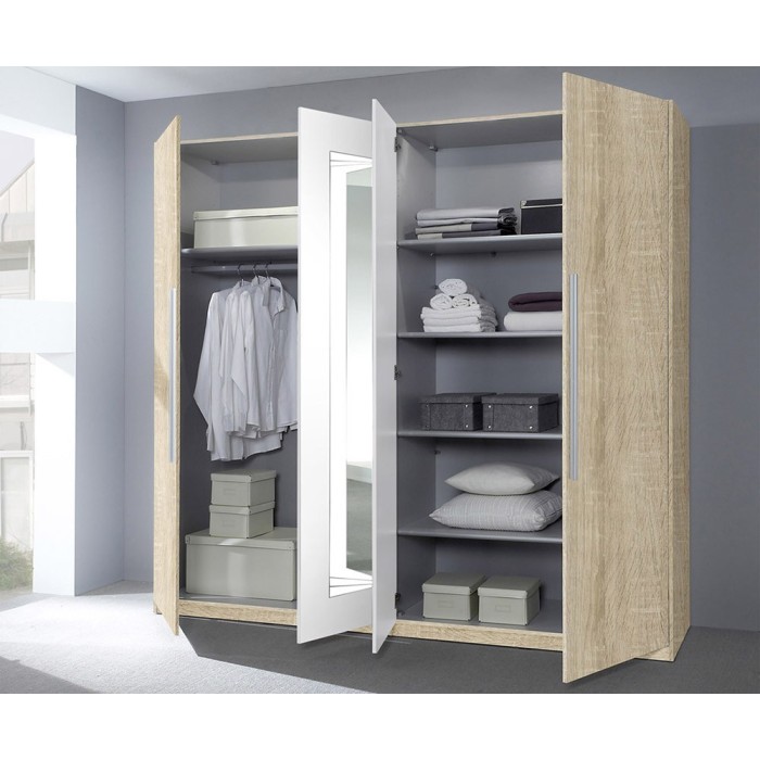 Armoire 4 portes avec miroirs couleur chêne et blanc - IRINA