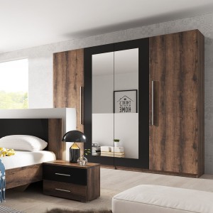 Armoire 4 portes avec miroirs couleur chêne foncé et noir - IRINA