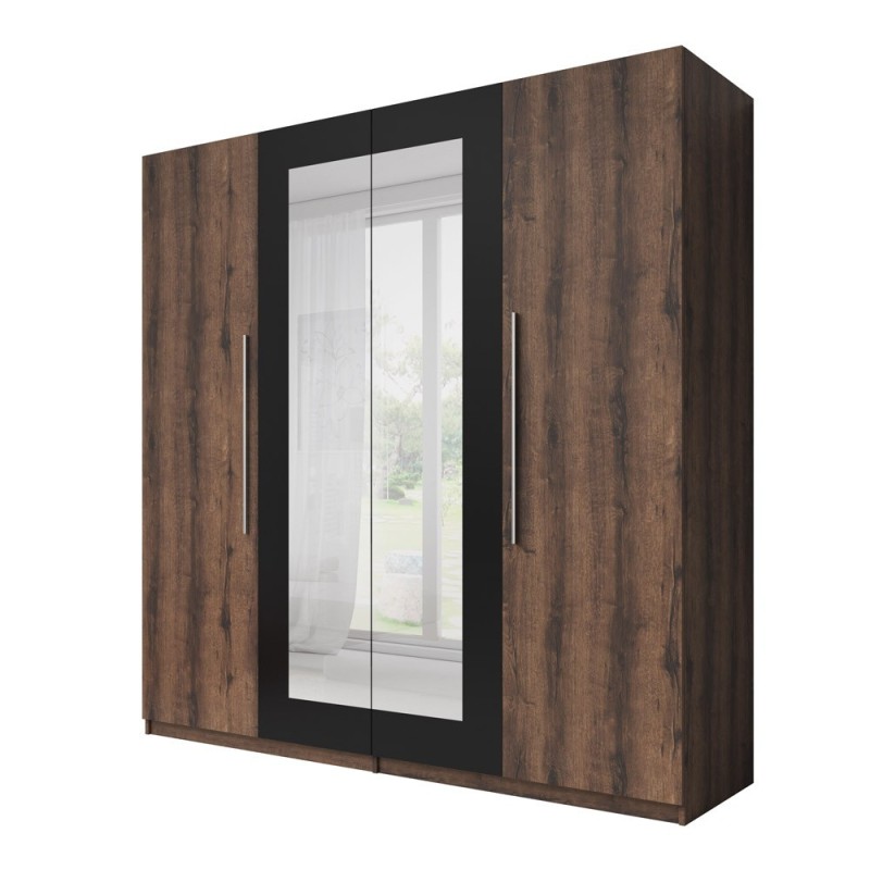 Armoire 4 portes avec miroirs couleur chêne foncé et noir - IRINA
