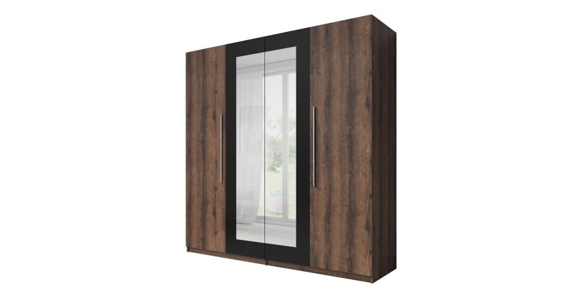 Armoire 4 portes avec miroirs couleur chêne foncé et noir - IRINA