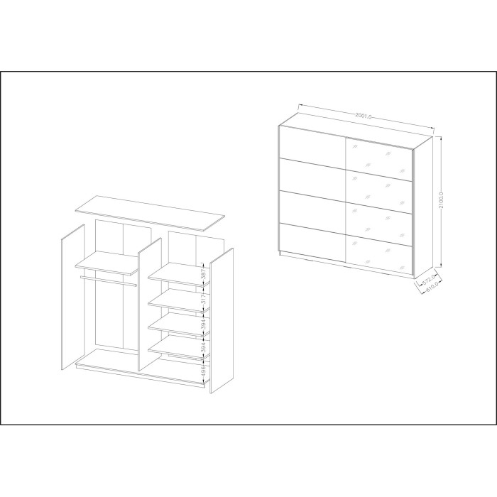 Armoire design 200cm. 2 portes avec miroirs modulables. Couleur blanc mat. Collection EOS