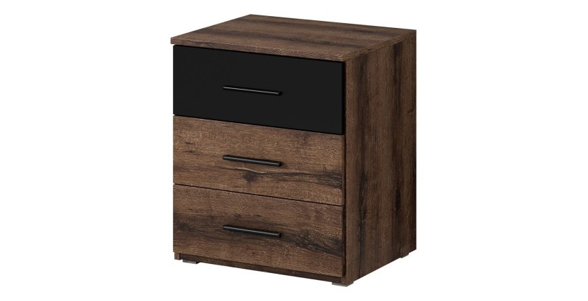 Table de chevet trois tiroirs, collection EOS. Coloris chêne foncé et noir.