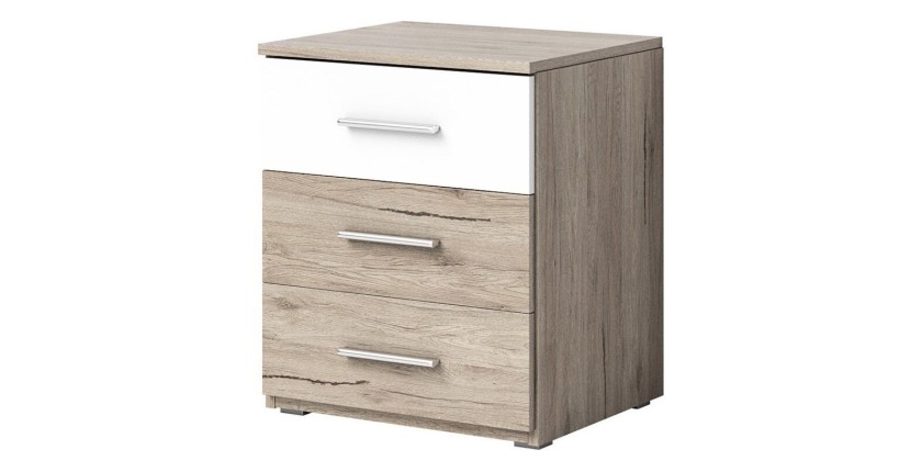 Table de chevet trois tiroirs, collection EOS. Coloris chêne clair et blanc.