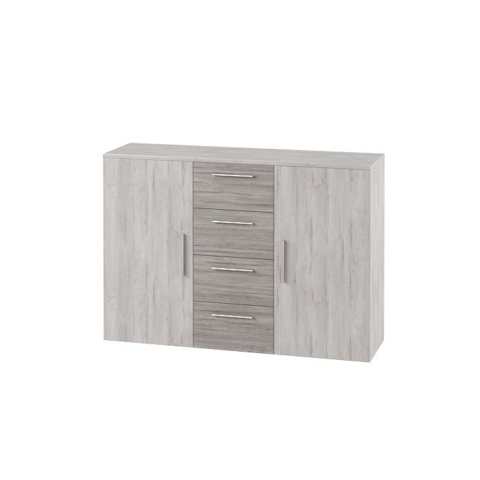 Commode 2 portes et 4 tiroirs 130cm. Collection IRINA imitation bois gris clair et gris foncé.