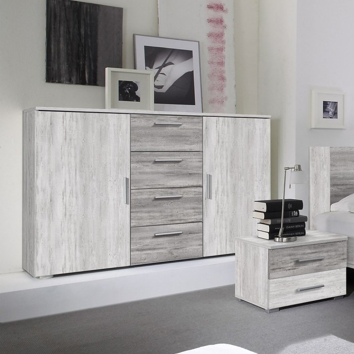 Commode 2 portes et 4 tiroirs 130cm. Collection IRINA imitation bois gris clair et gris foncé.