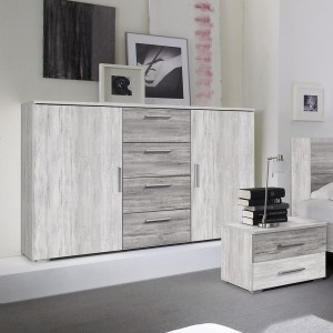 Commode 2 portes et 4 tiroirs 130cm. Collection IRINA imitation bois gris clair et gris foncé.