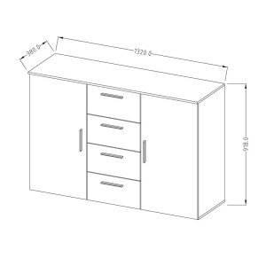 Commode 2 portes et 4 tiroirs 130cm. Collection IRINA imitation bois gris clair et gris foncé.