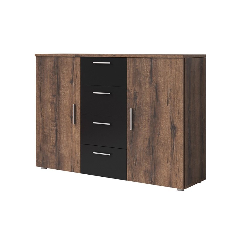 Commode 2 portes et 4 tiroirs 130cm. Collection IRINA imitation chêne foncé et noir.