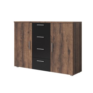 Commode 2 portes et 4 tiroirs 130cm. Collection IRINA imitation chêne foncé et noir.