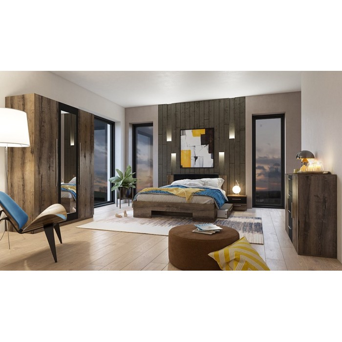 Commode 2 portes et 4 tiroirs 130cm. Collection IRINA imitation chêne foncé et noir.