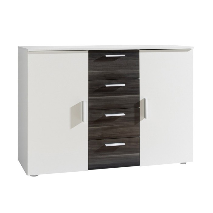 Commode design 2 portes et 4 tiroirs 130cm. Collection IRINA coloris blanc et gris anthracite.