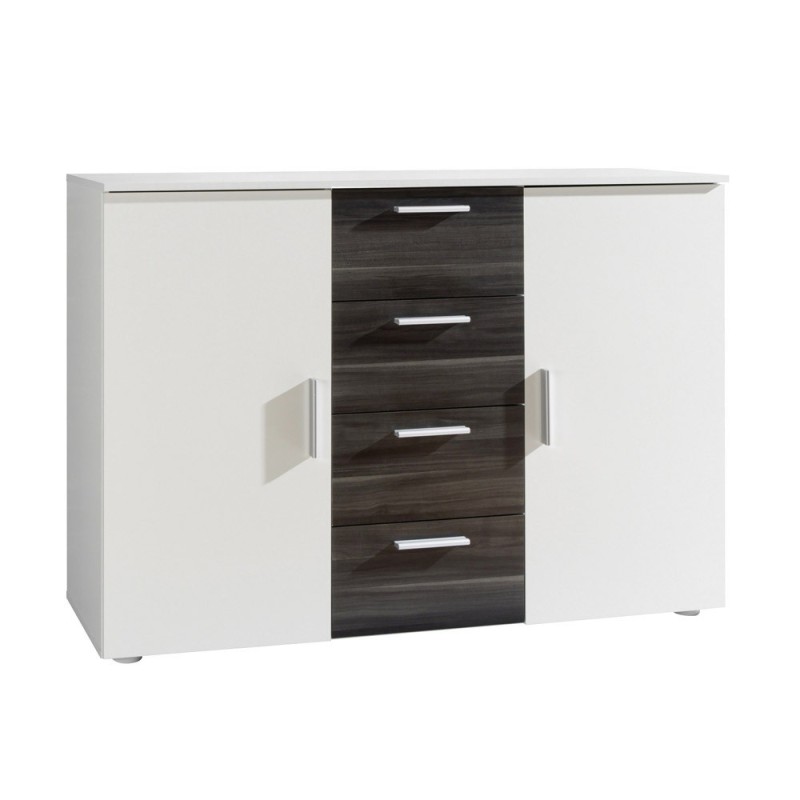 Commode design 2 portes et 4 tiroirs 130cm. Collection IRINA coloris blanc et gris anthracite.