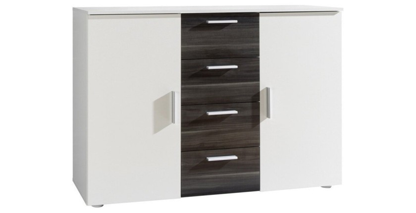 Commode design 2 portes et 4 tiroirs 130cm. Collection IRINA coloris blanc et gris anthracite.