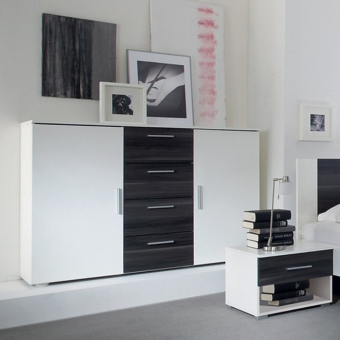 Commode design 2 portes et 4 tiroirs 130cm. Collection IRINA coloris blanc et gris anthracite.