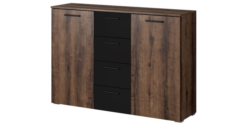 Commode design 2 portes et 4 tiroirs 130cm. Collection EOS coloris chêne foncé et noir