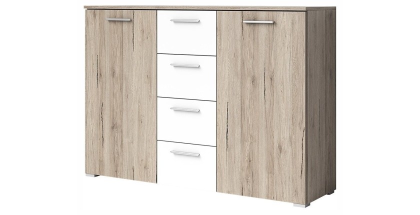 Commode design 2 portes et 4 tiroirs 130cm. Collection EOS coloris chêne clair et blanc