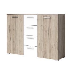 Commode design 2 portes et 4 tiroirs 130cm. Collection EOS coloris chêne clair et blanc