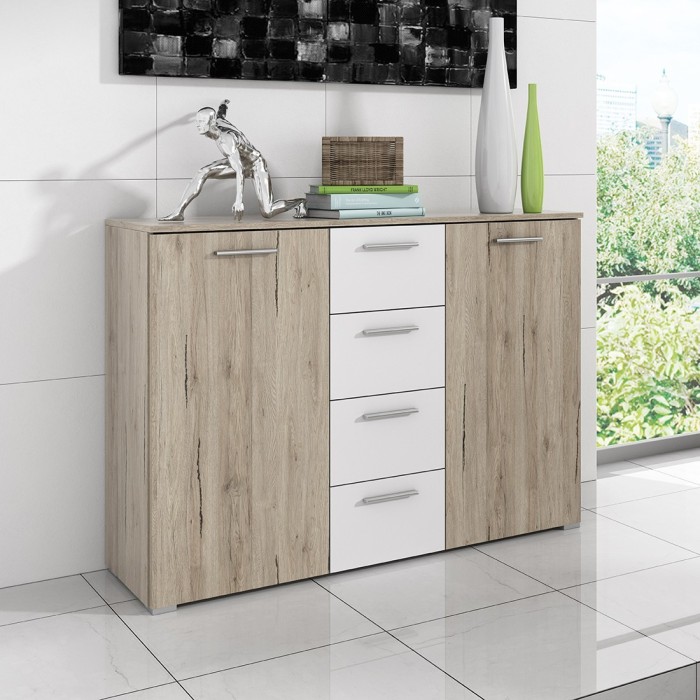Commode design 2 portes et 4 tiroirs 130cm. Collection EOS coloris chêne clair et blanc