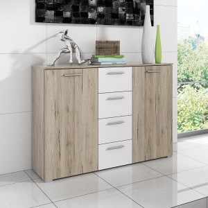 Commode design 2 portes et 4 tiroirs 130cm. Collection EOS coloris chêne clair et blanc