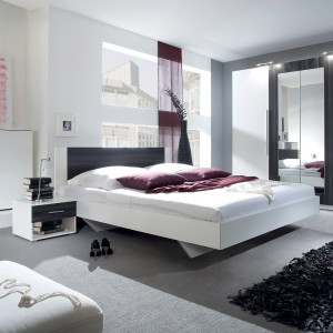 Lit adulte 160x200 collection IRINA. Chevets intégrés. Coloris blanc et gris anthracite