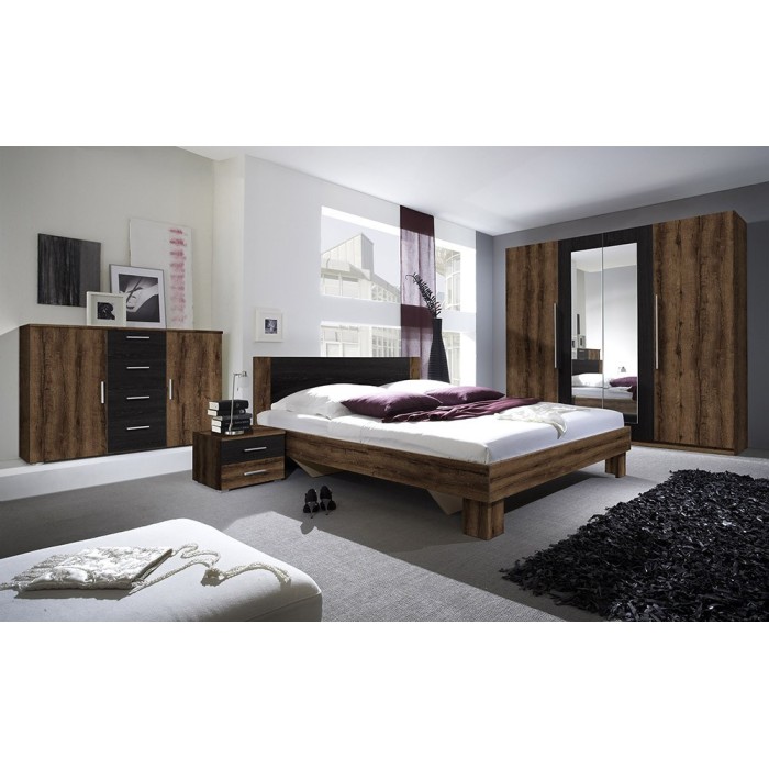 Lit adulte 160x200 collection IRINA. Chevets intégrés. Coloris chêne foncé et noir