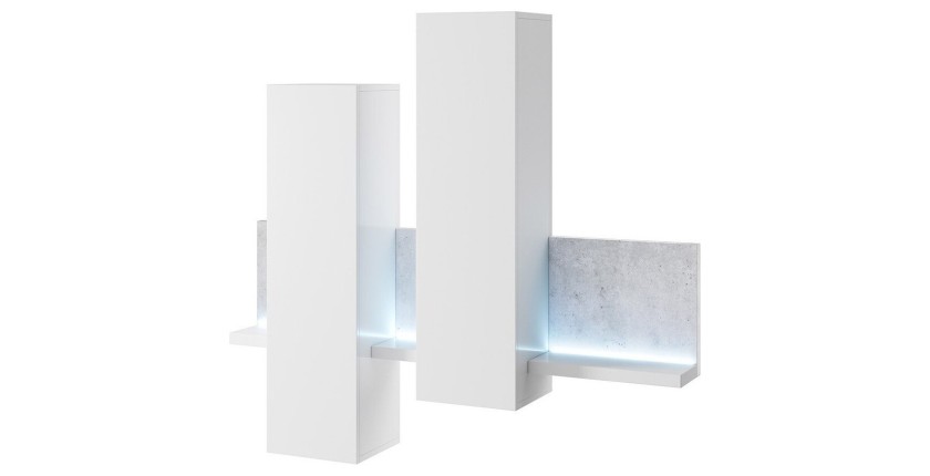 Composition murale design 152cm blanche et effet béton + LED. Collection BERGAME.