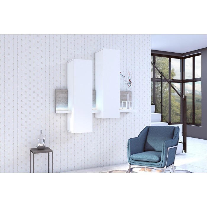 Composition murale design 152cm blanche et effet béton + LED. Collection BERGAME.