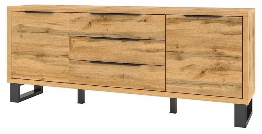 Buffet, bahut, enfilade MILO deux portes, trois tiroirs. Coloris chêne avec finition noire. Style industriel.