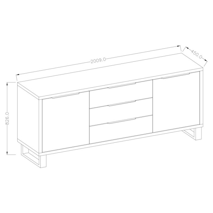 Buffet, bahut, enfilade MILO deux portes, trois tiroirs. Coloris chêne avec finition noire. Style industriel.
