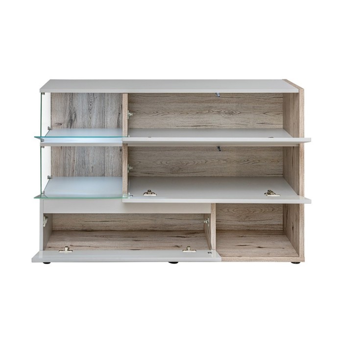 Buffet, bahut, enfilade KLIS trois portes et trois niches. Coloris gris perle et chêne. Style design.