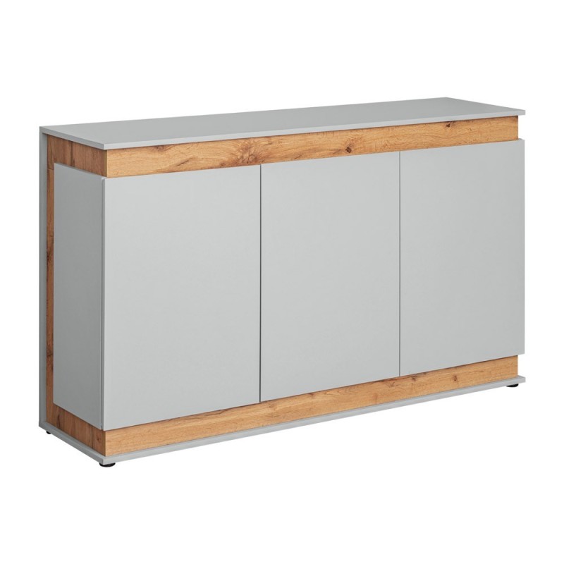 Buffet, bahut, enfilade MUNICH trois portes. Coloris gris perle et chêne. Style design.